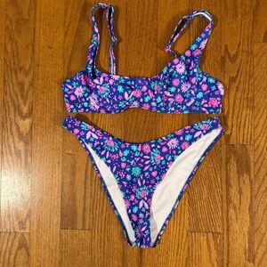 Bright Blue Pink Floral Bikini Womens Size M - L